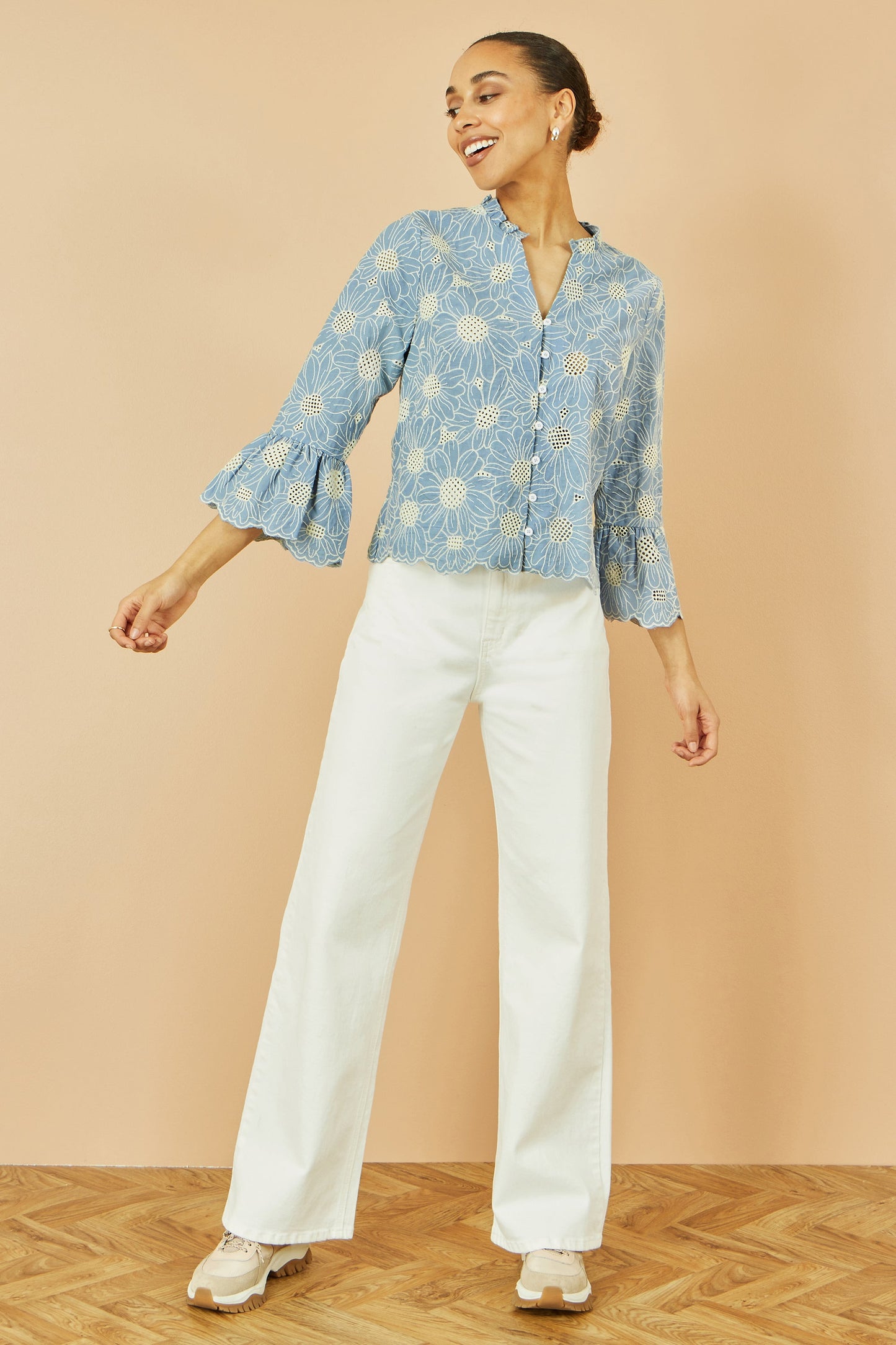 Blue Daisy Broderie Shirt With Fluted Sleeves