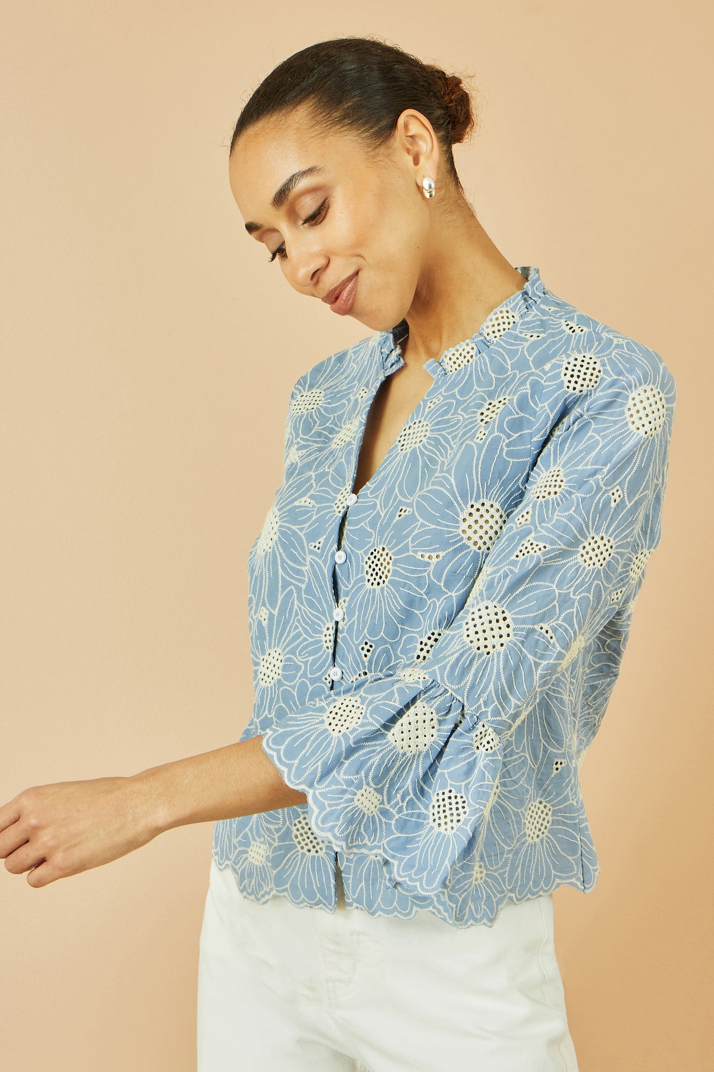 Blue Daisy Broderie Shirt With Fluted Sleeves