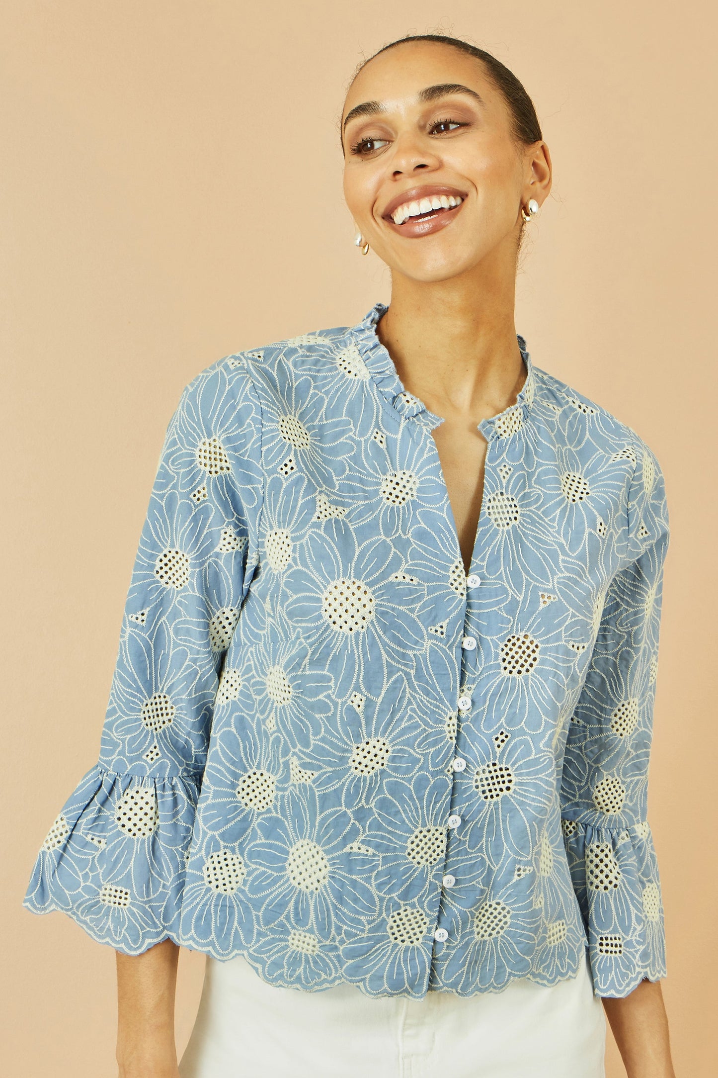 Blue Daisy Broderie Shirt With Fluted Sleeves