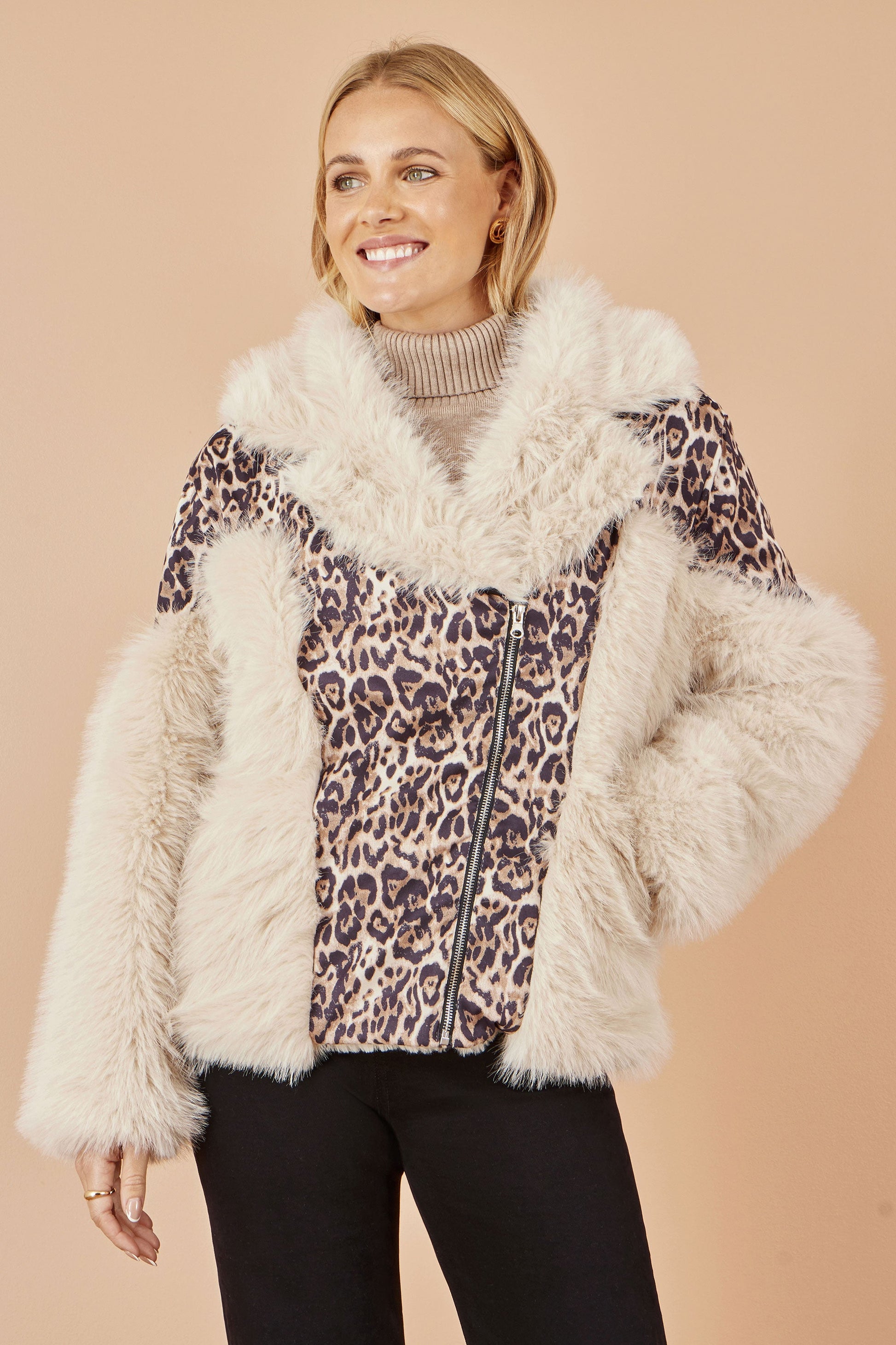 Cream Fur Biker Jacket With Leopard Print - Sizes 8 to 16