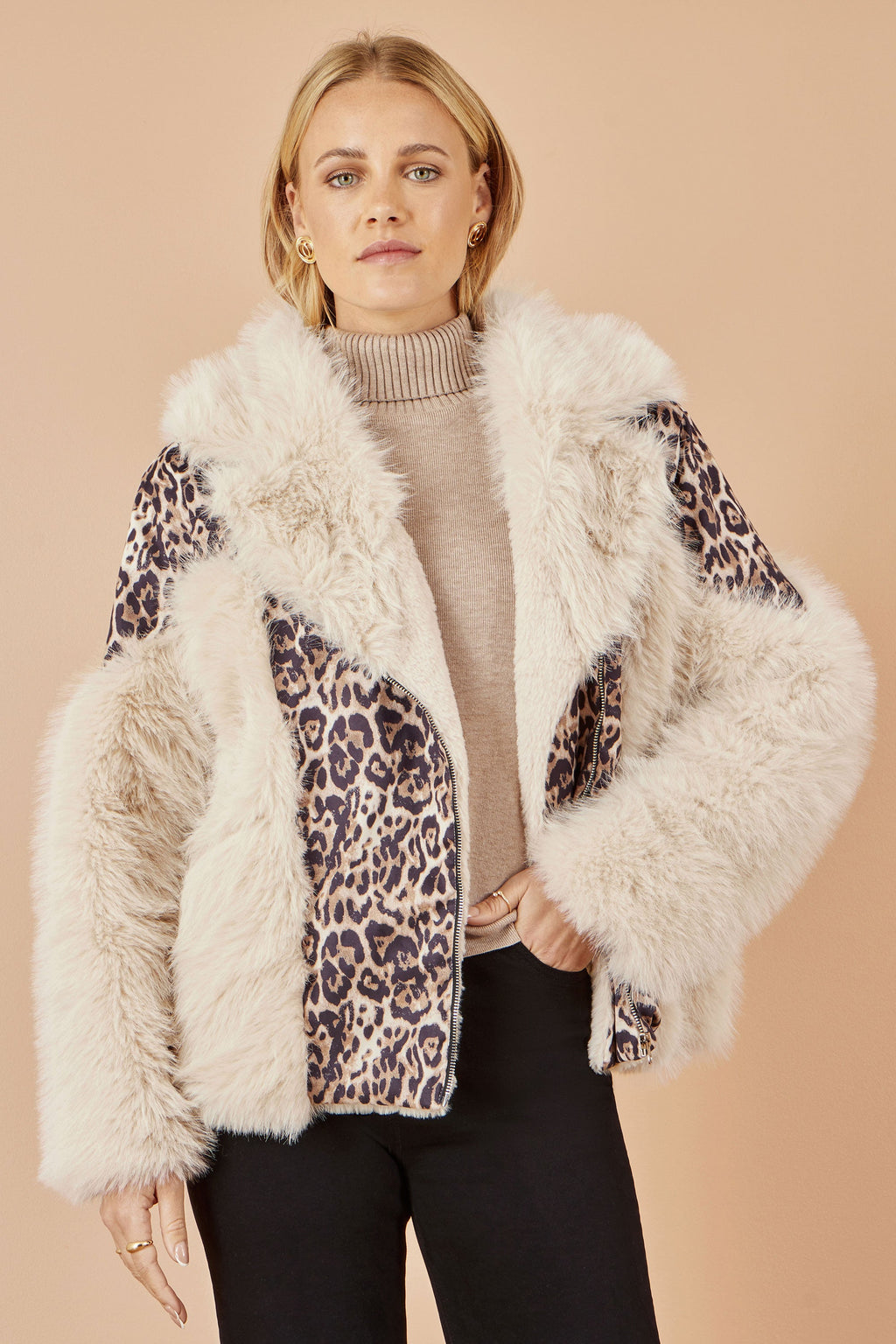 Cream Fur Biker Jacket With Leopard Print - Sizes 8 to 16