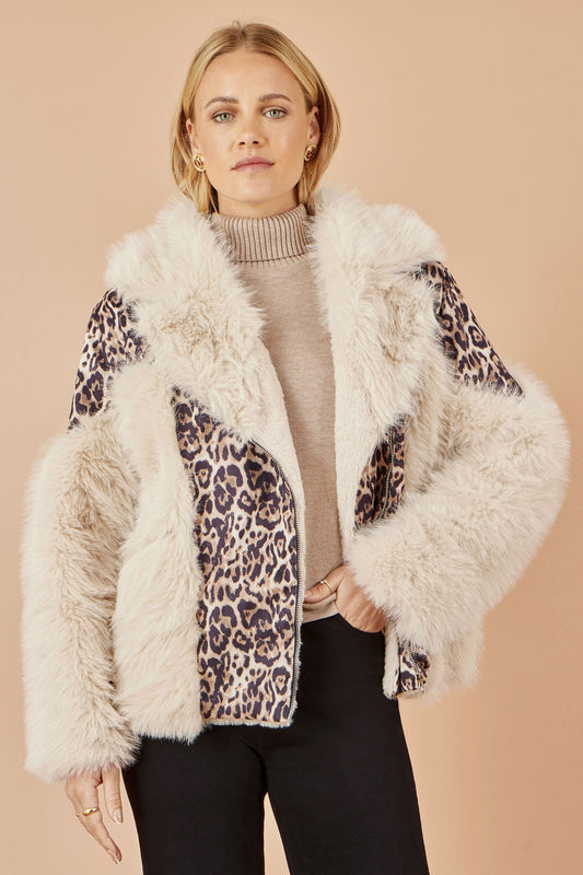 Cream Fur Biker Jacket With Leopard Print - Sizes 8 to 16