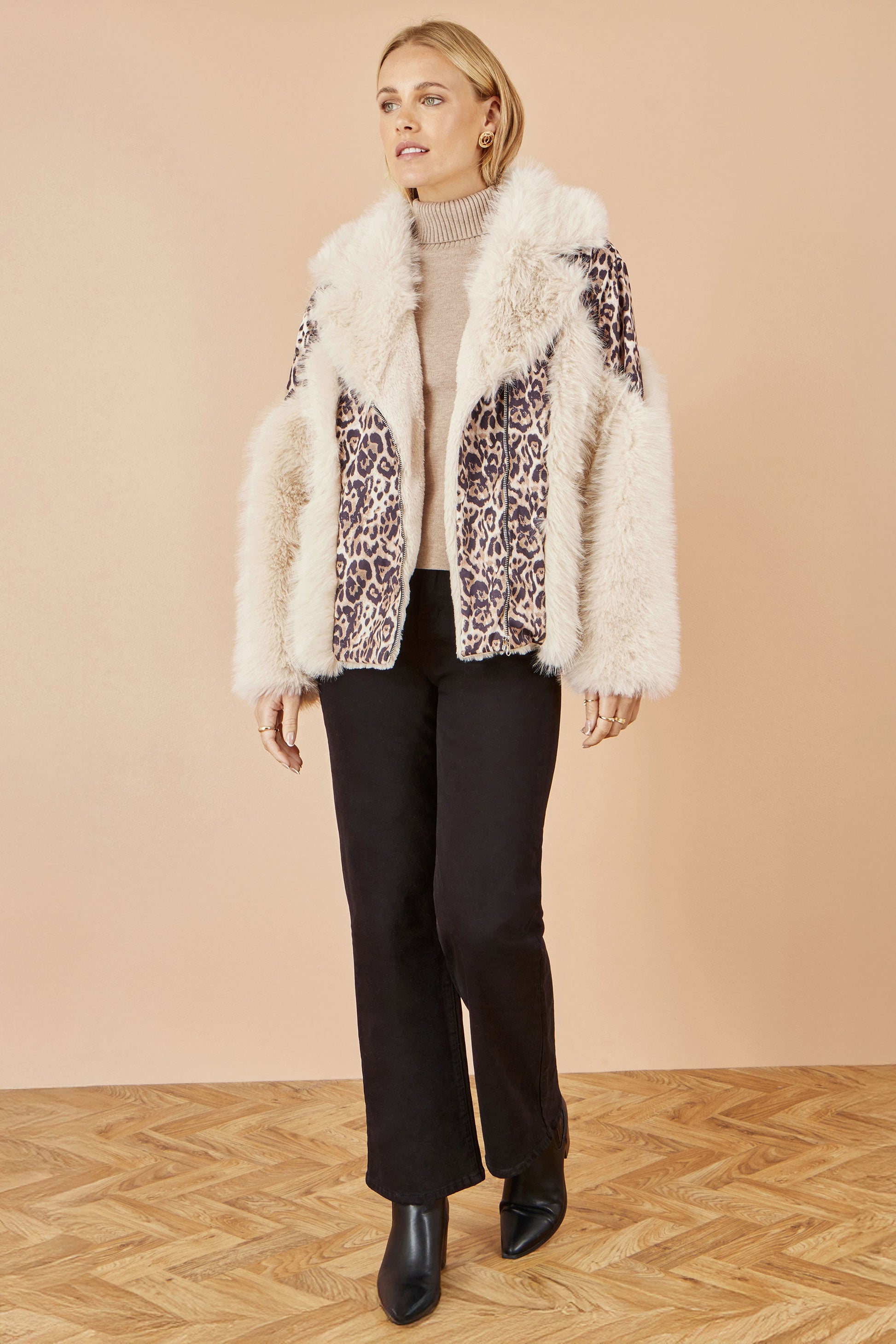 Cream Fur Biker Jacket With Leopard Print - Sizes 8 to 16