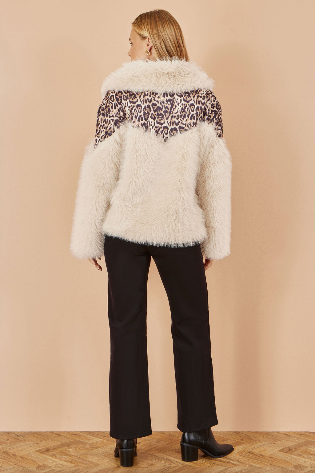 Cream Fur Biker Jacket With Leopard Print - Sizes 8 to 16