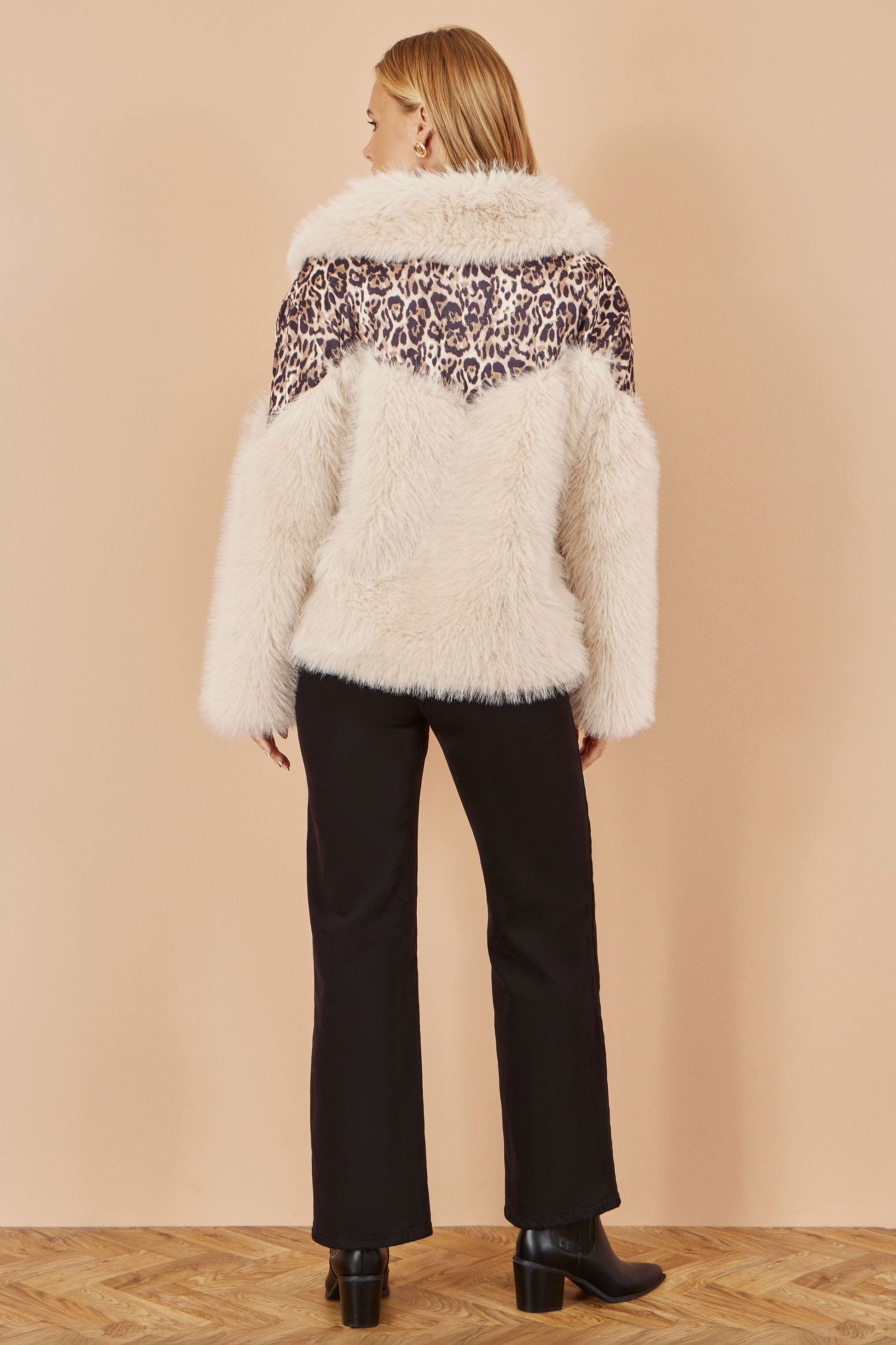 Cream Fur Biker Jacket With Leopard Print - Sizes 8 to 16