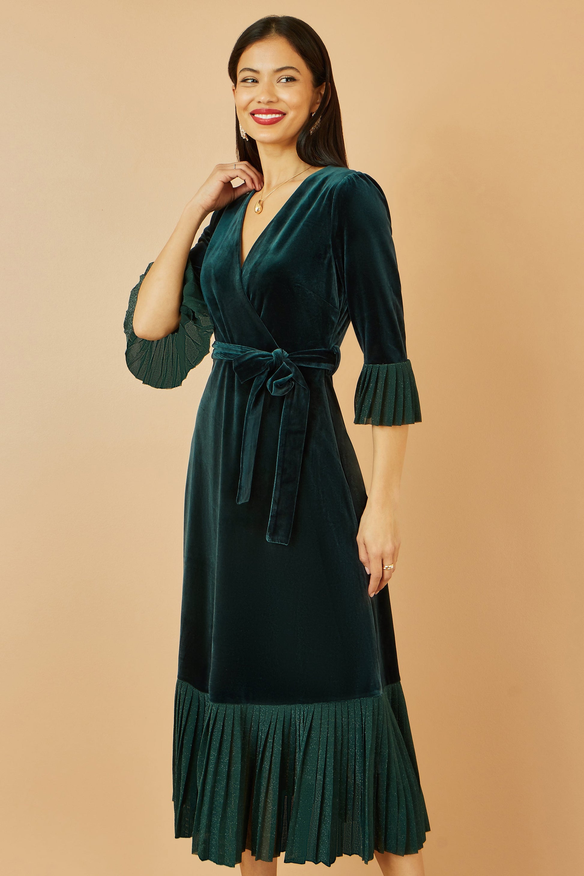 Green Velvet Wrap Dress With Sparkle Hem and Cuffs - Sizes 8 to 16