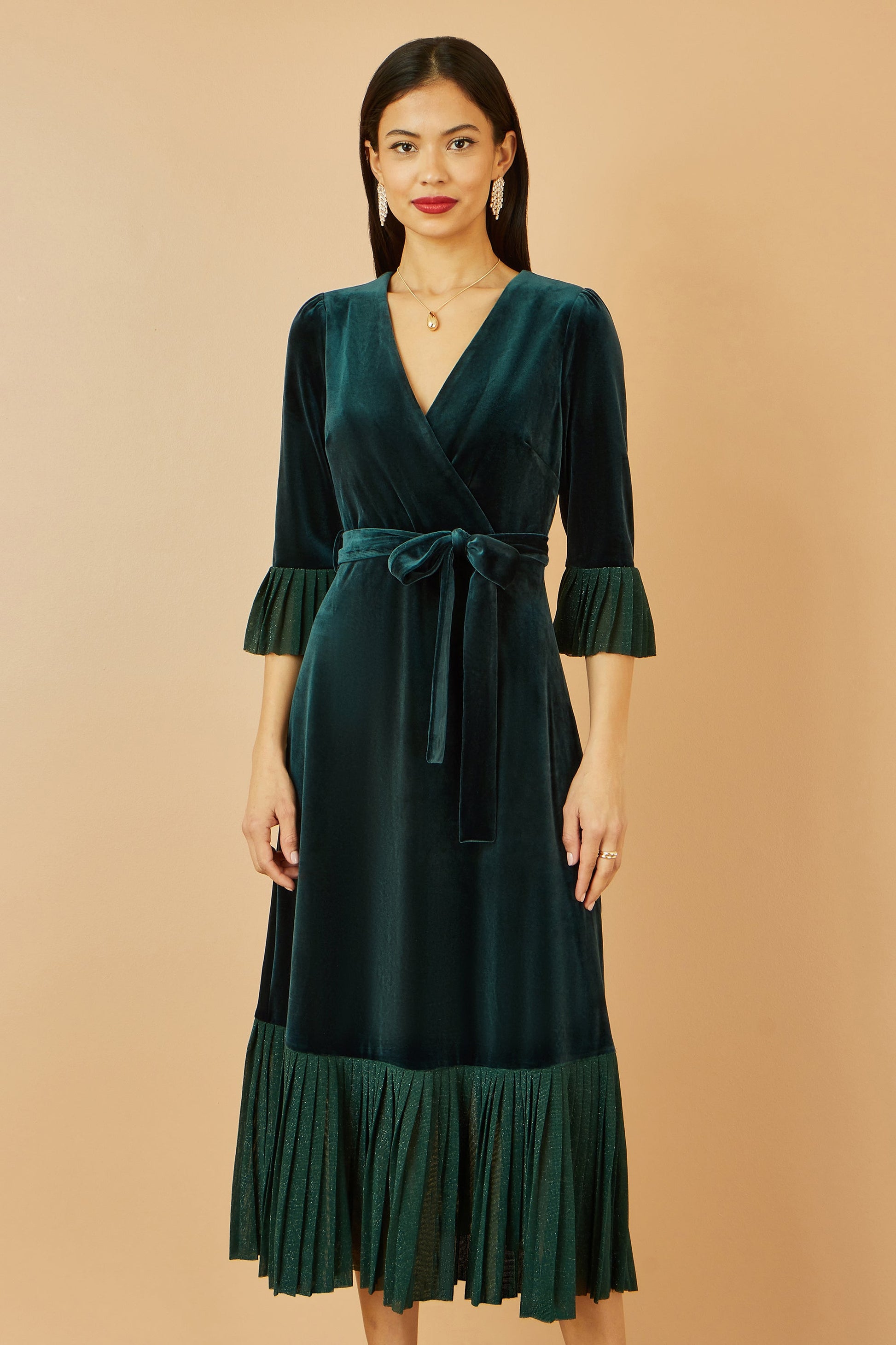 Green Velvet Wrap Dress With Sparkle Hem and Cuffs - Sizes 8 to 16