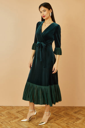 Green Velvet Wrap Dress With Sparkle Hem and Cuffs - Sizes 8 to 16