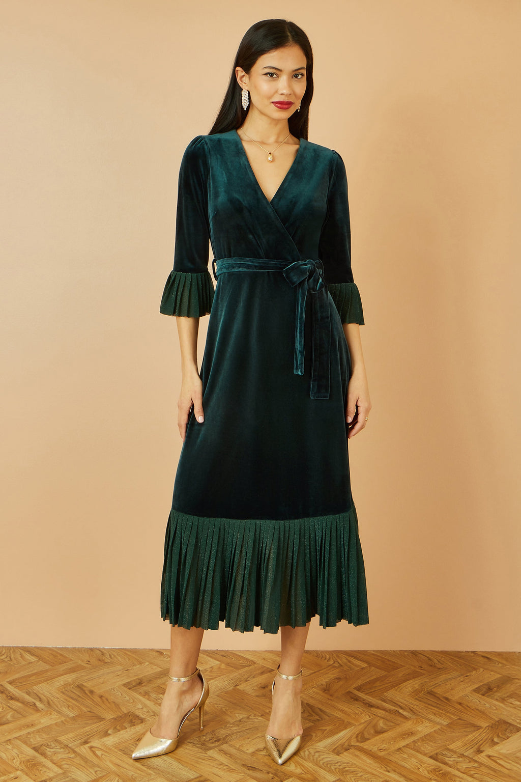 Green Velvet Wrap Dress With Sparkle Hem and Cuffs - Sizes 8 to 16