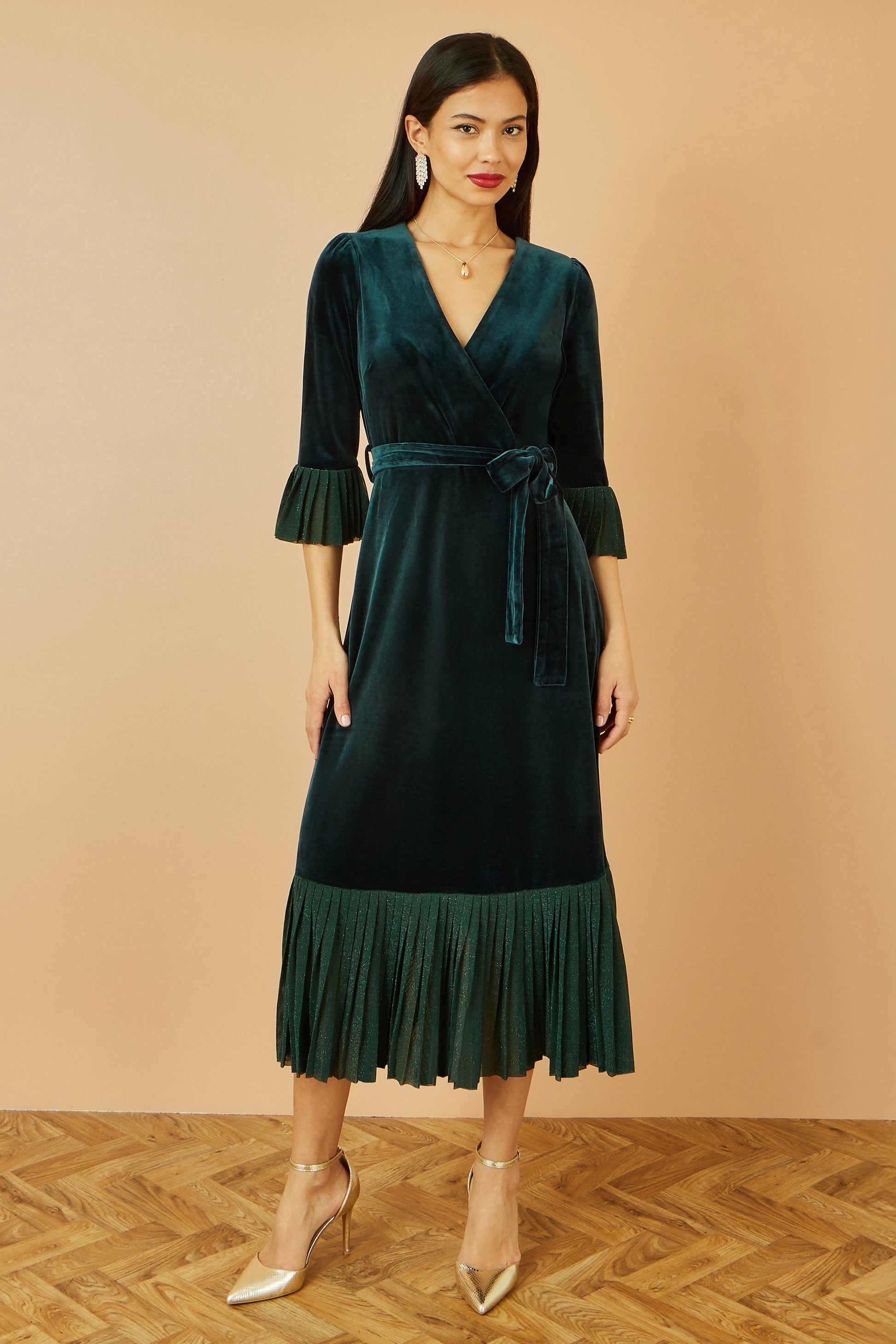 Green Velvet Wrap Dress With Sparkle Hem and Cuffs - Sizes 8 to 16