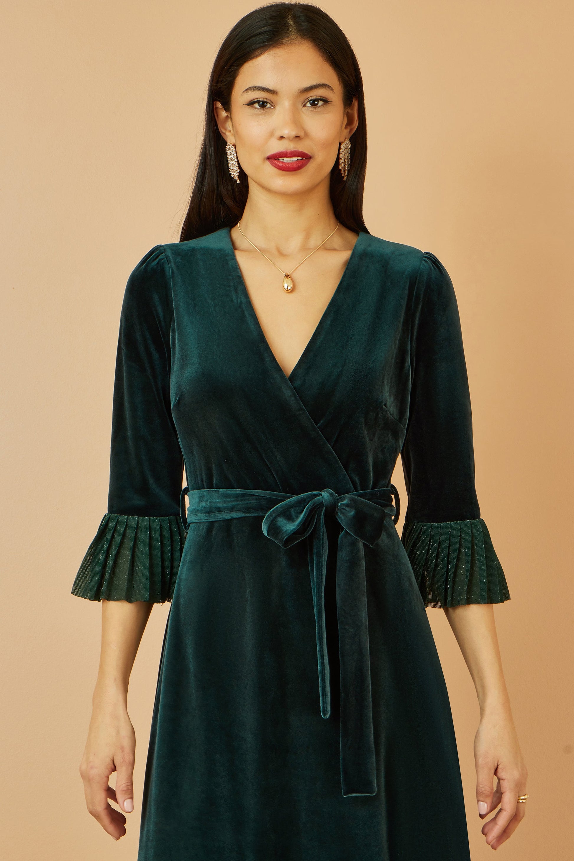 Green Velvet Wrap Dress With Sparkle Hem and Cuffs - Sizes 8 to 16