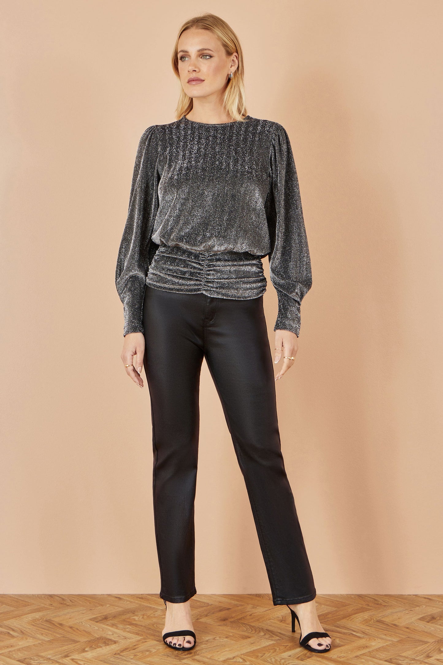 Black Metallic Stretch Ruched Hem Top