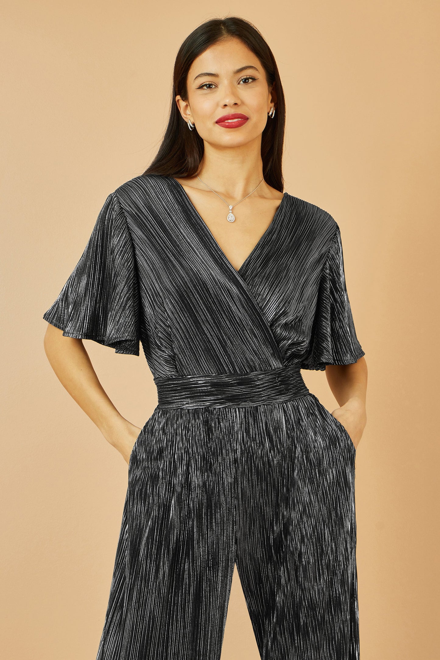 Black Metallic Pleated Jumpsuit With V Neck - Sizes 8 to 16