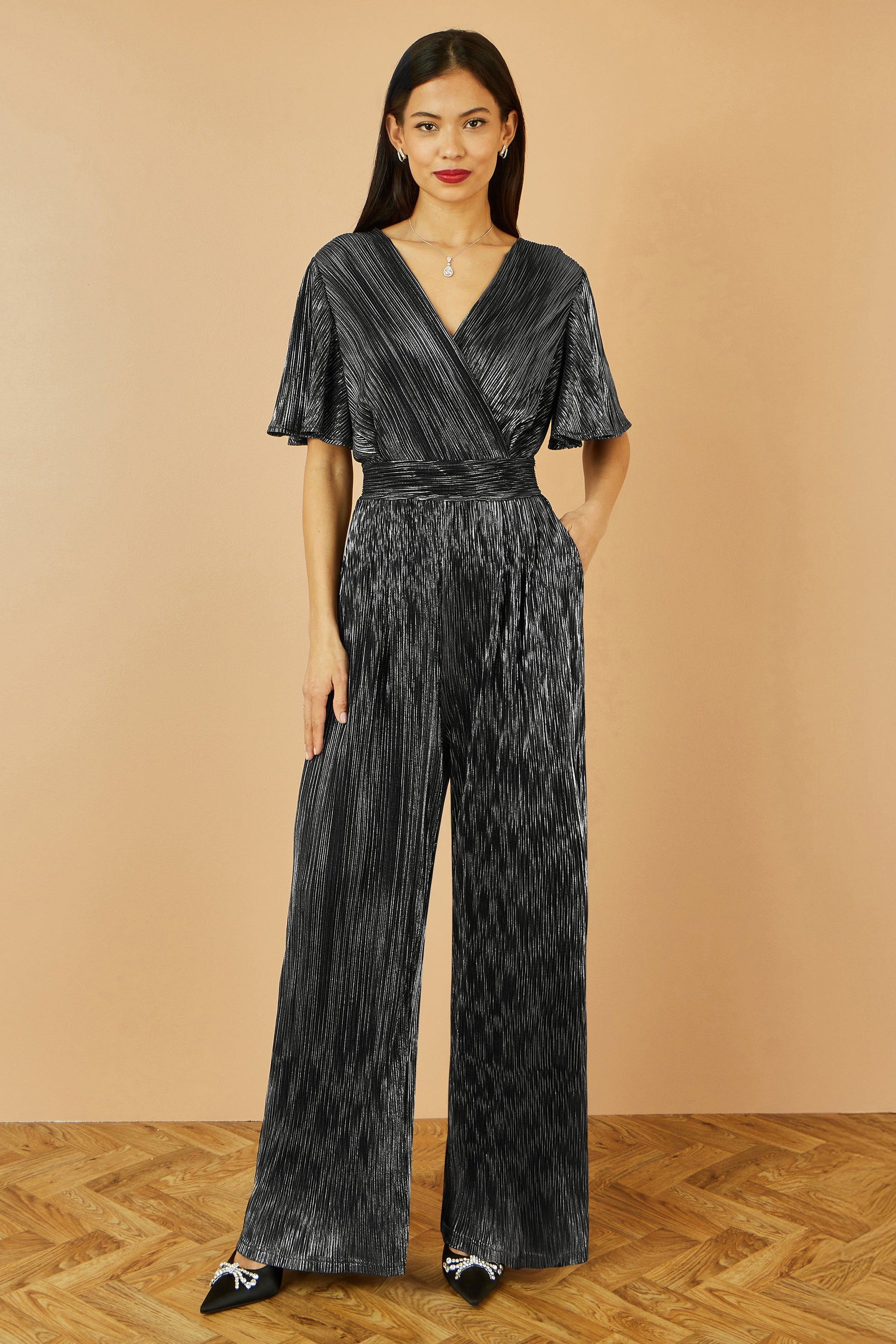 Black Metallic Pleated Jumpsuit With V Neck - Sizes 8 to 16