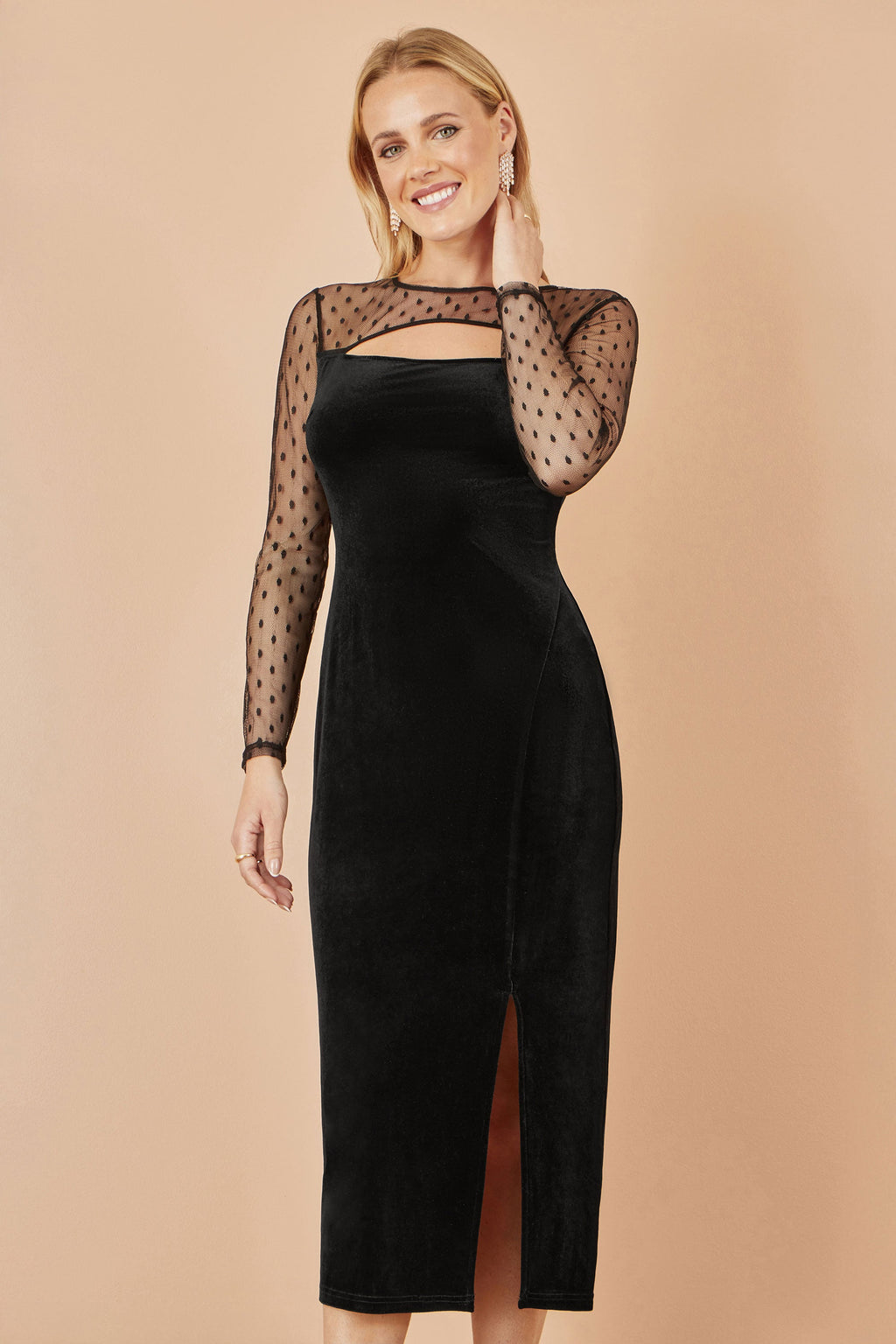 Black Velvet Midi Dress With Slash Neckline and Sheer Sleeves - Sizes 8 to 16