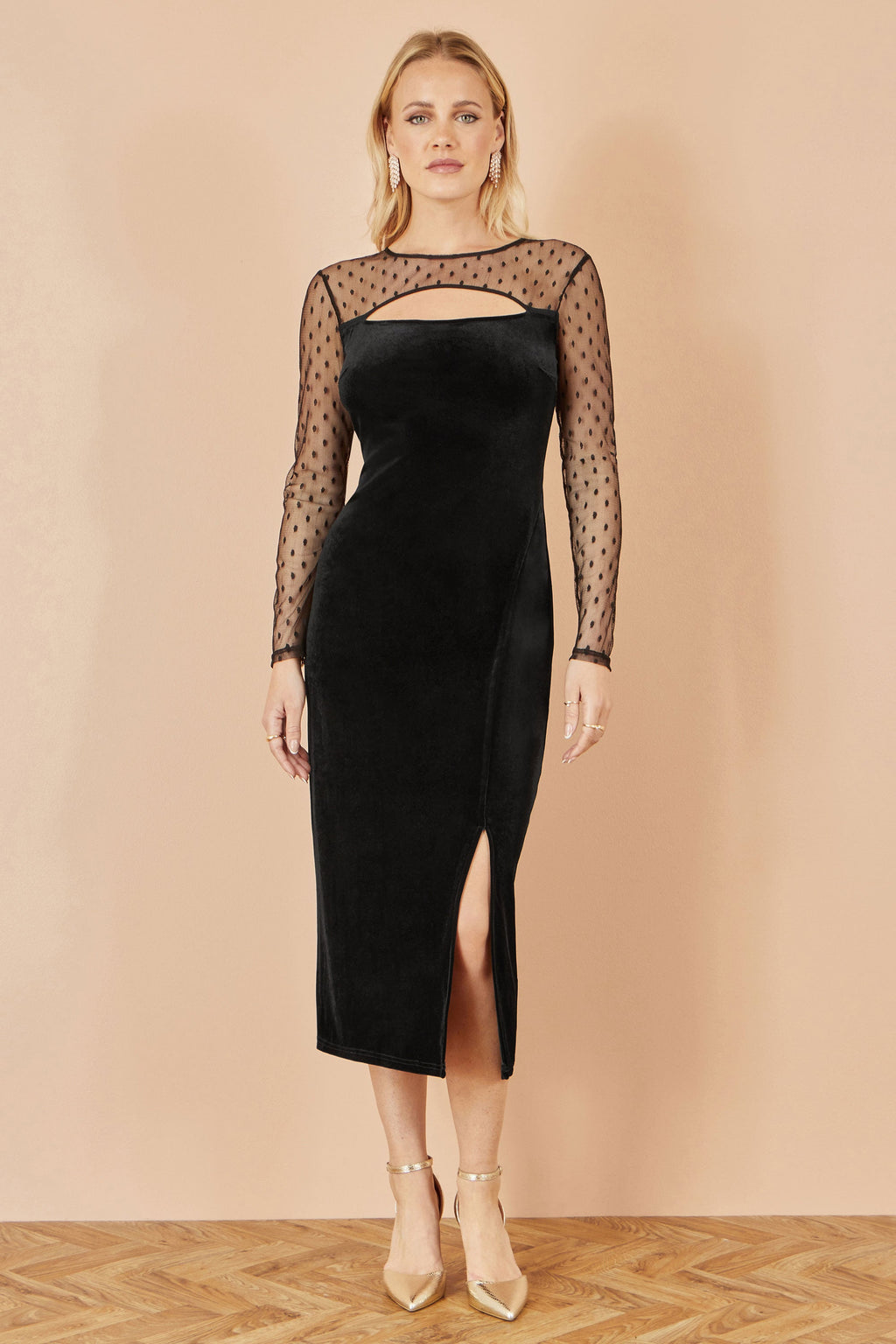Black Velvet Midi Dress With Slash Neckline and Sheer Sleeves - Sizes 8 to 16