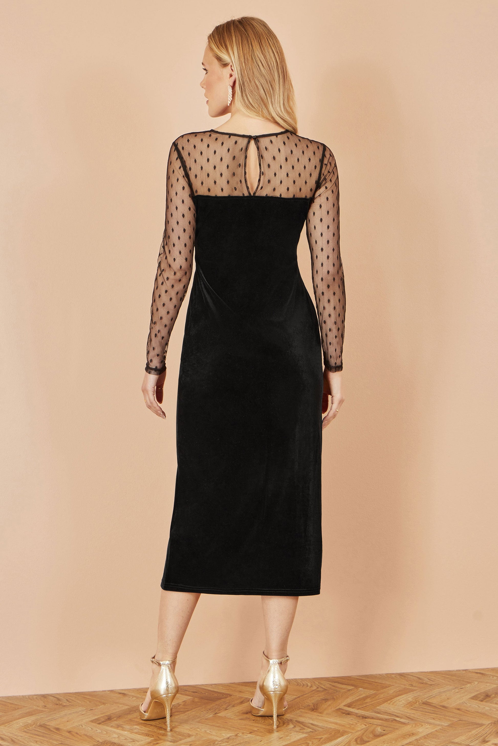 Black Velvet Midi Dress With Slash Neckline and Sheer Sleeves - Sizes 8 to 16