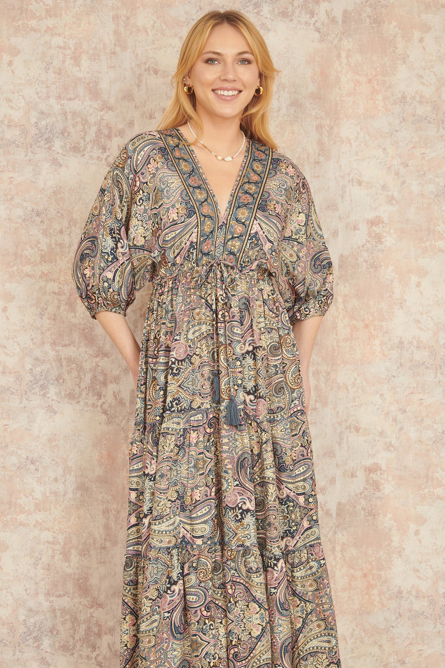 Multicolour Paisley Print Midi Kimono Dress With Tie Back