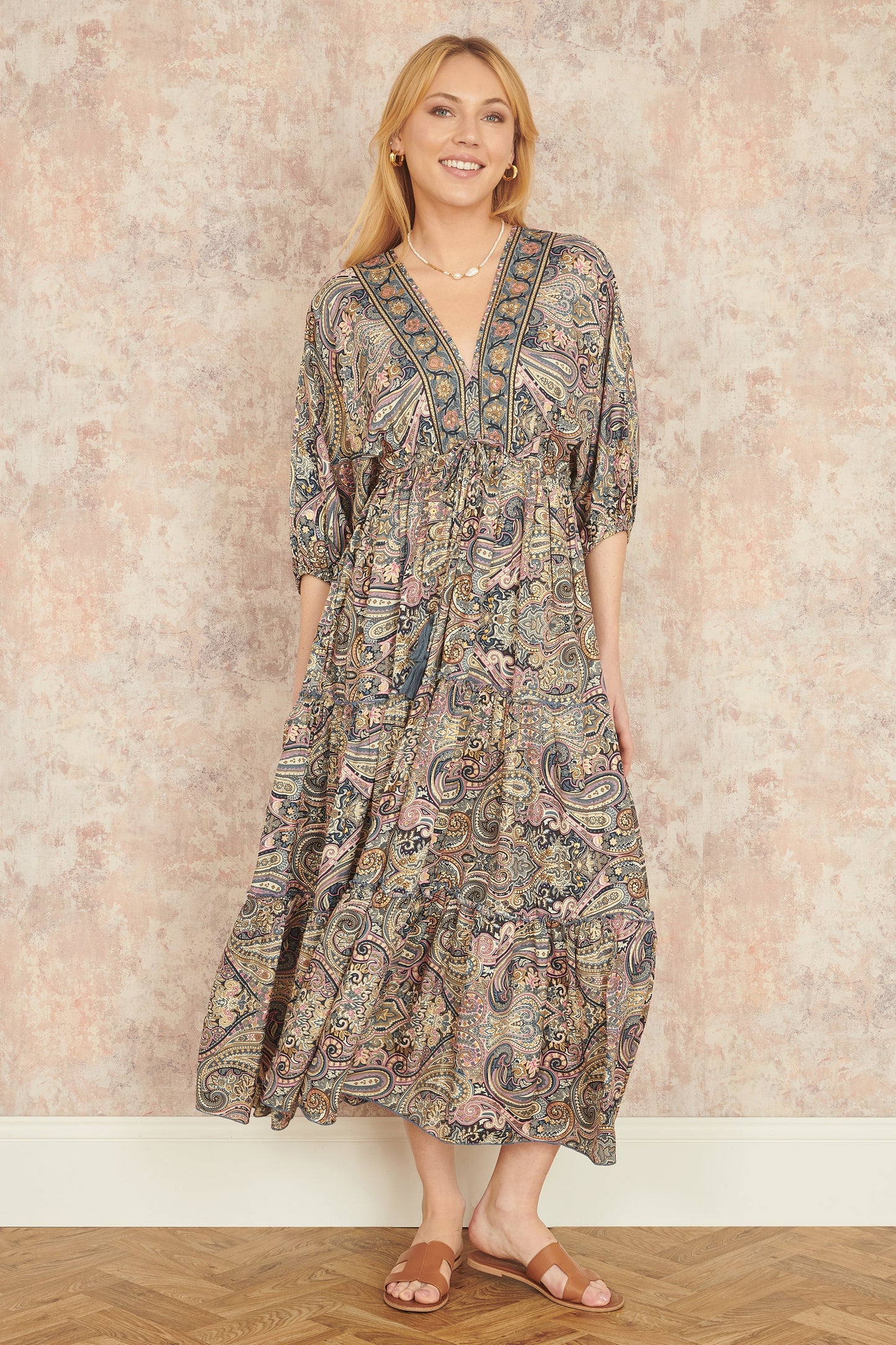 Multicolour Paisley Print Midi Kimono Dress With Tie Back