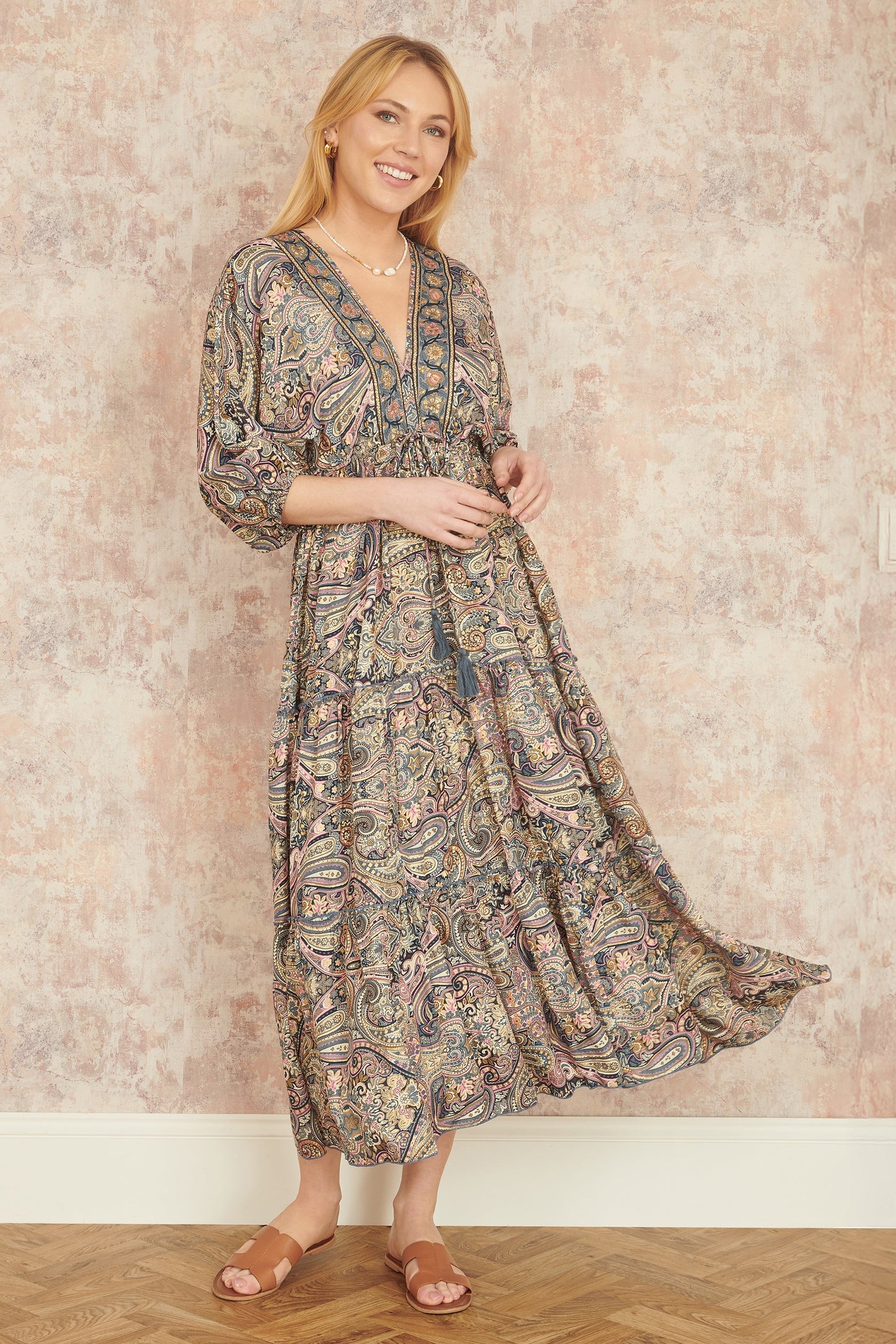 Multicolour Paisley Print Midi Kimono Dress With Tie Back