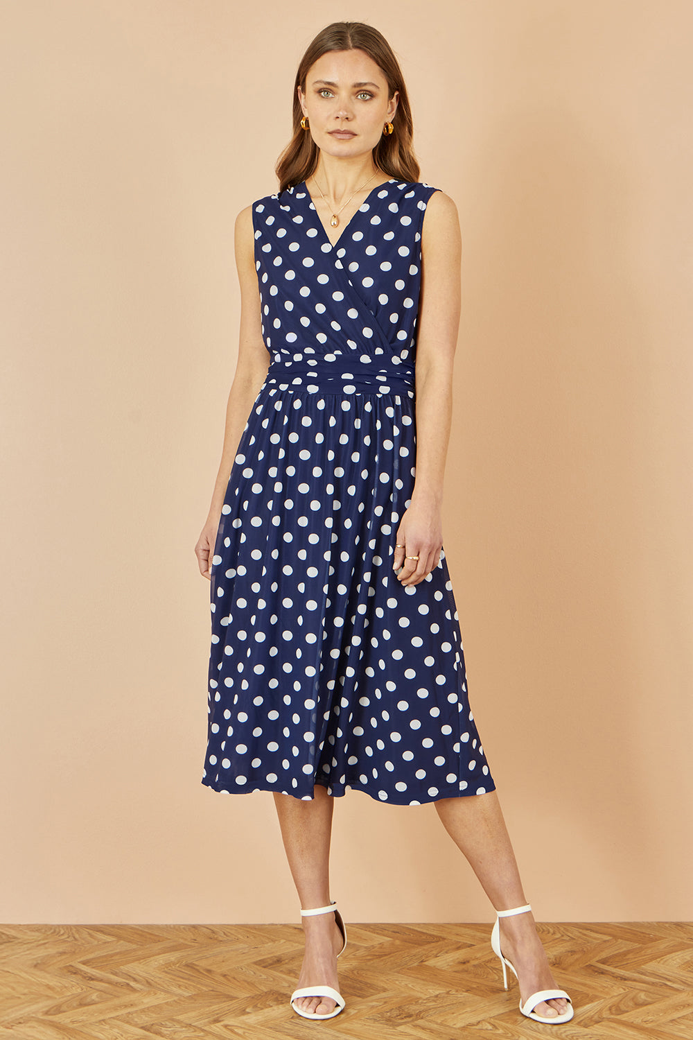 Navy Polka Dot Mesh Wrap Dress