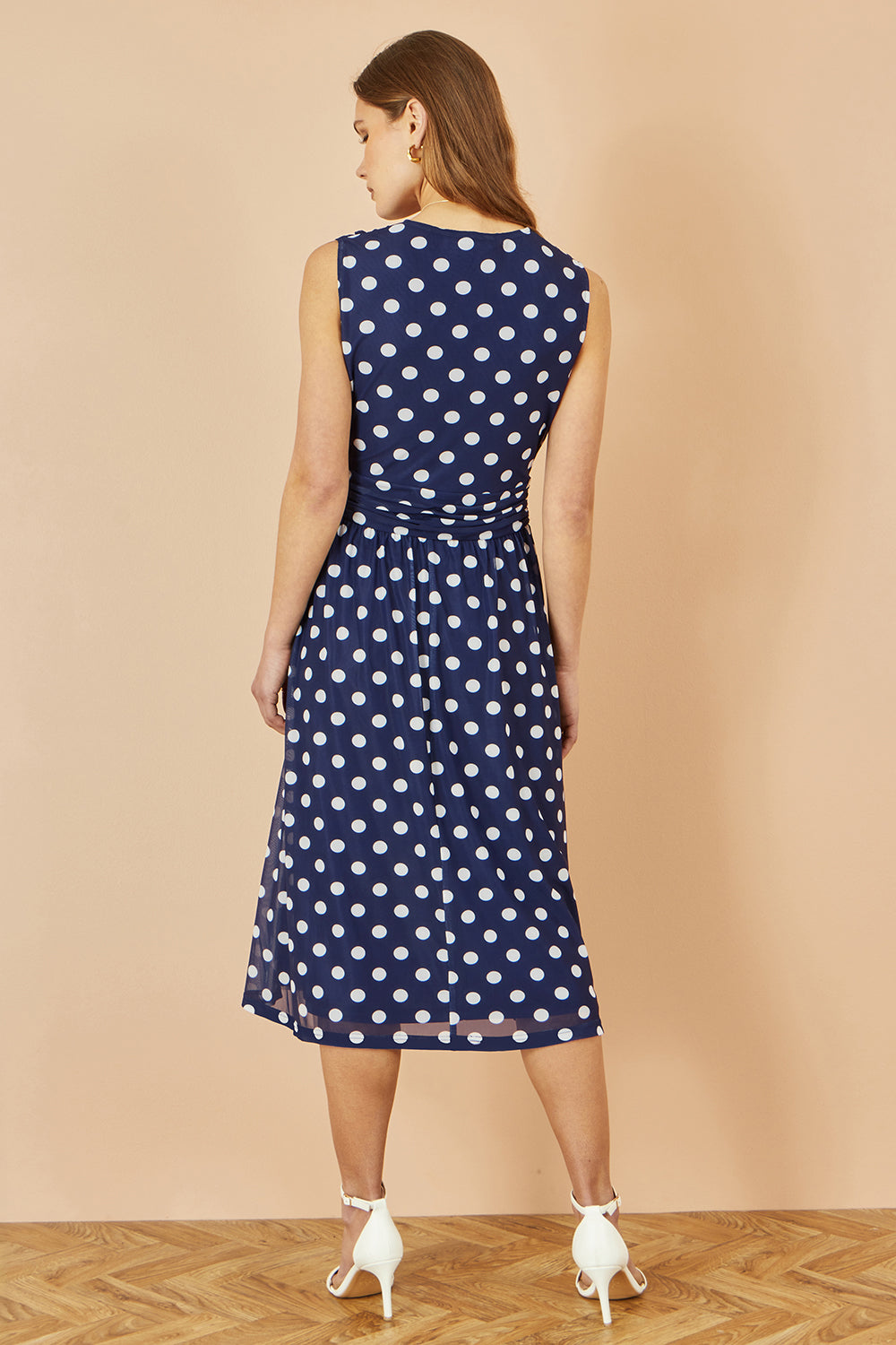 Navy Polka Dot Mesh Wrap Skater Dress With Pockets