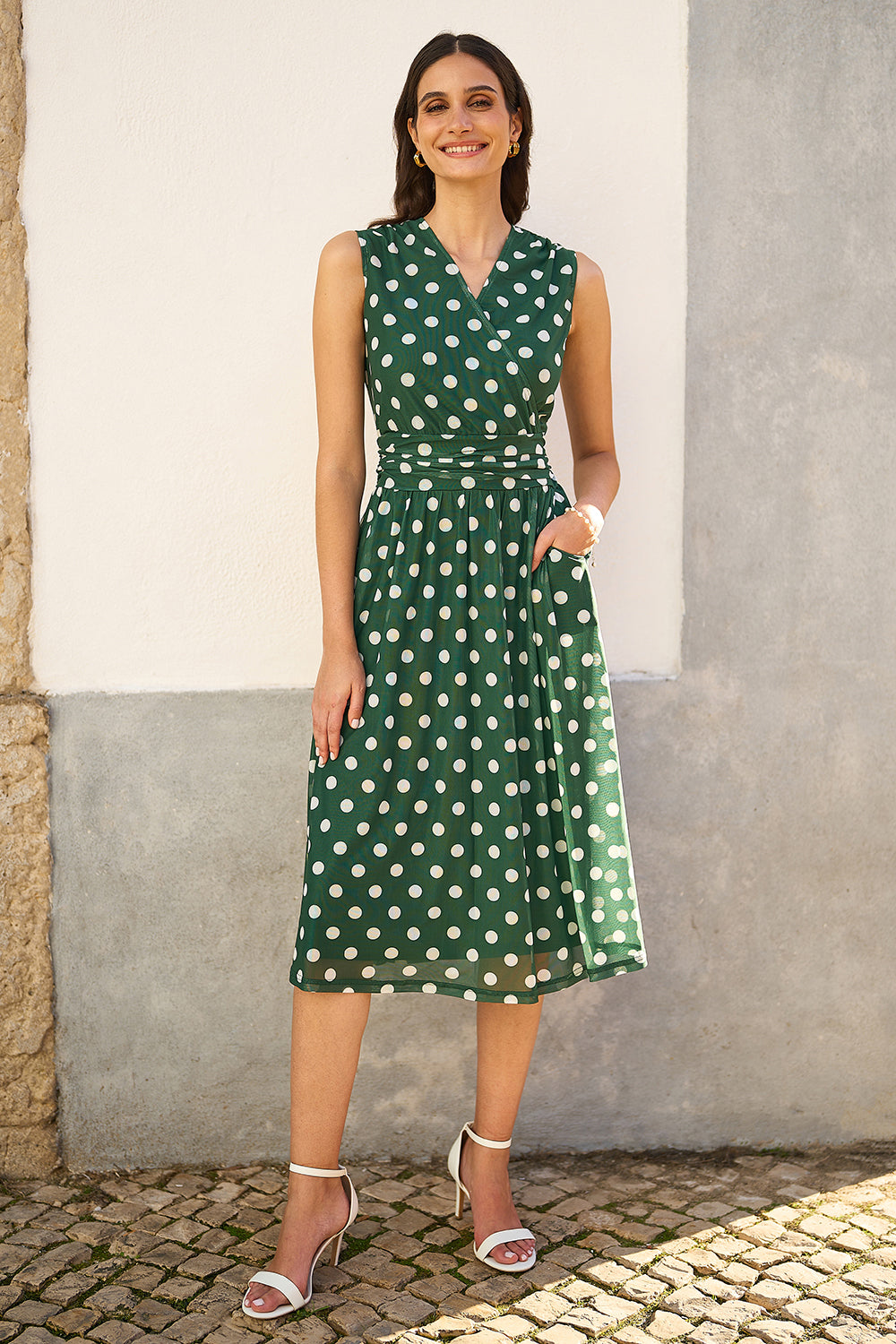 Green Polka Dot Mesh Wrap Skater Dress With Pockets