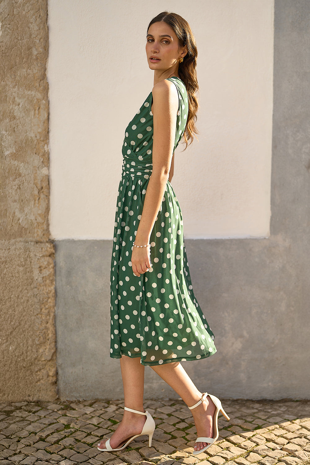Green Polka Dot Mesh Wrap Skater Dress With Pockets