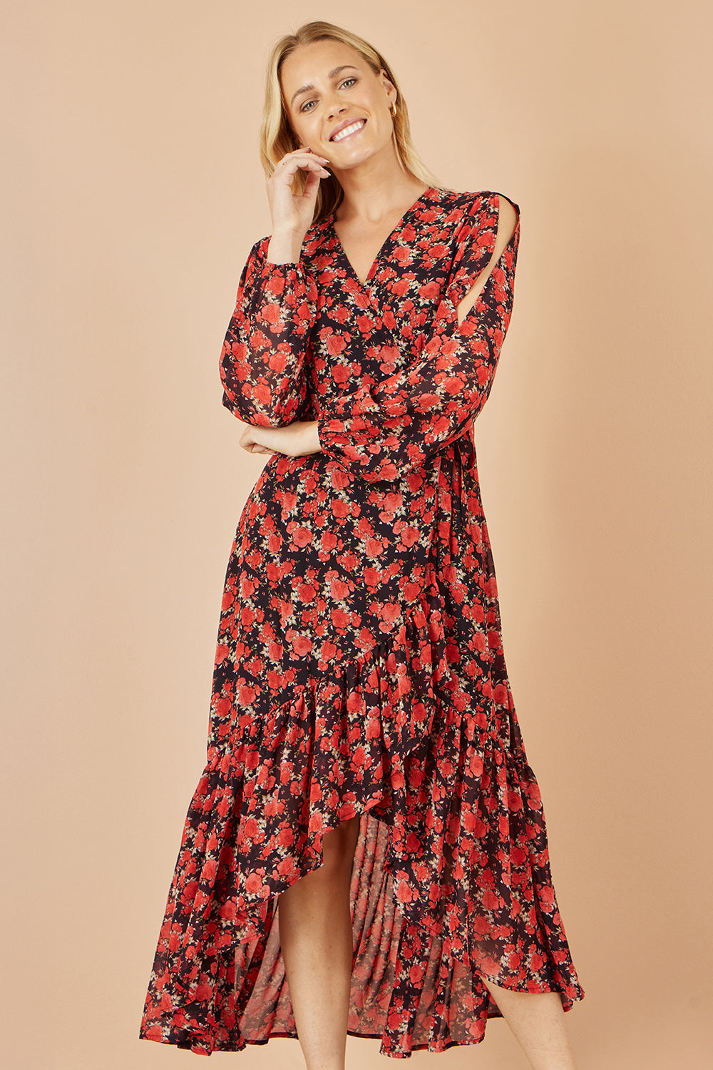 Red Rose Print Dipped Hemline Midi Dress With Open Long Sleeves