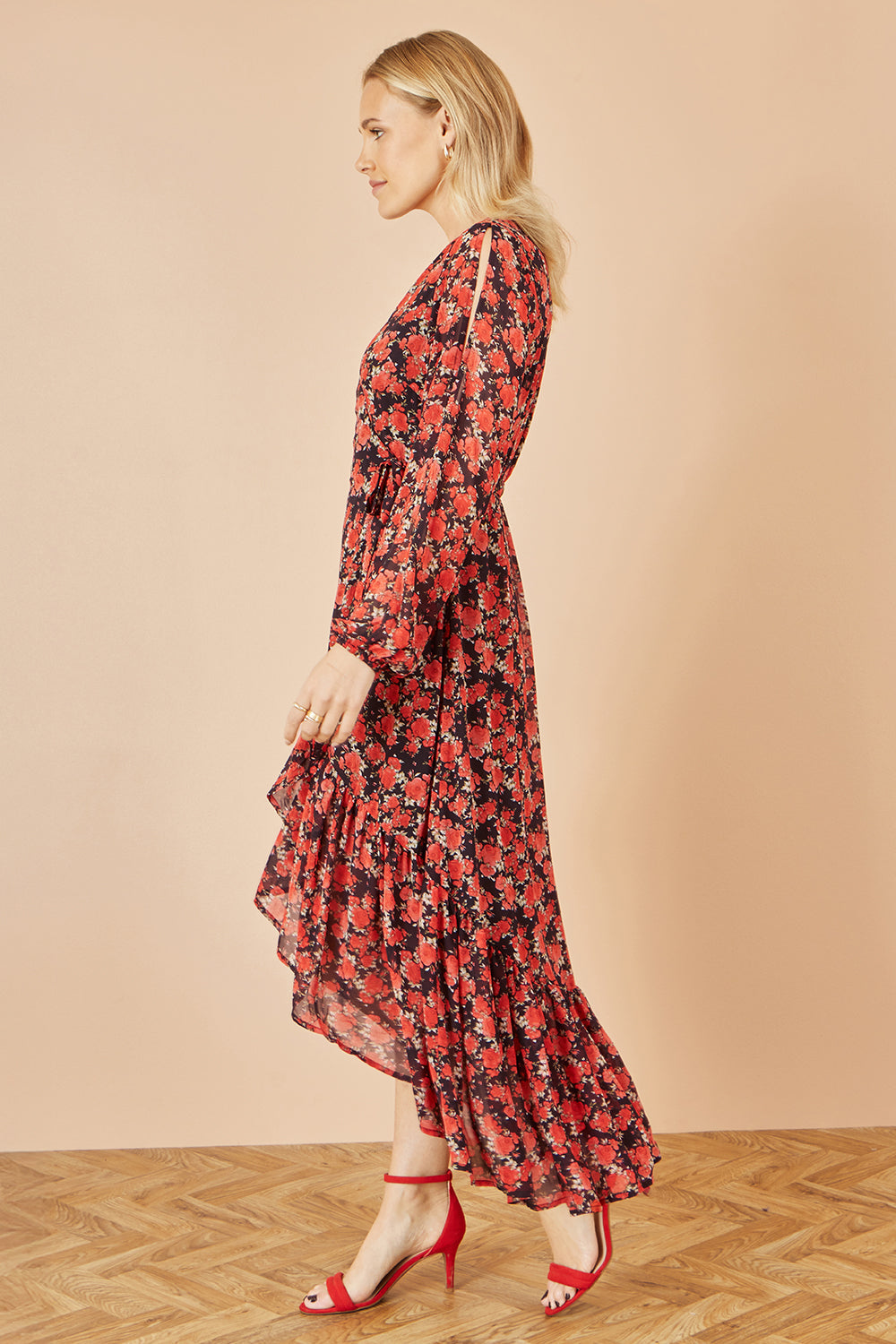 Red Rose Print Dipped Hemline Midi Dress With Open Long Sleeves