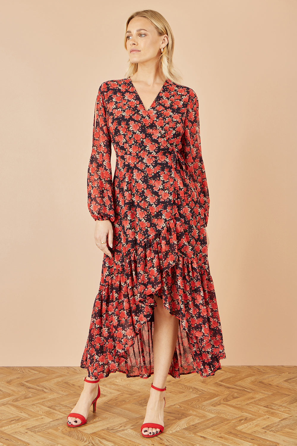 Red Rose Print Dipped Hemline Midi Dress With Open Long Sleeves