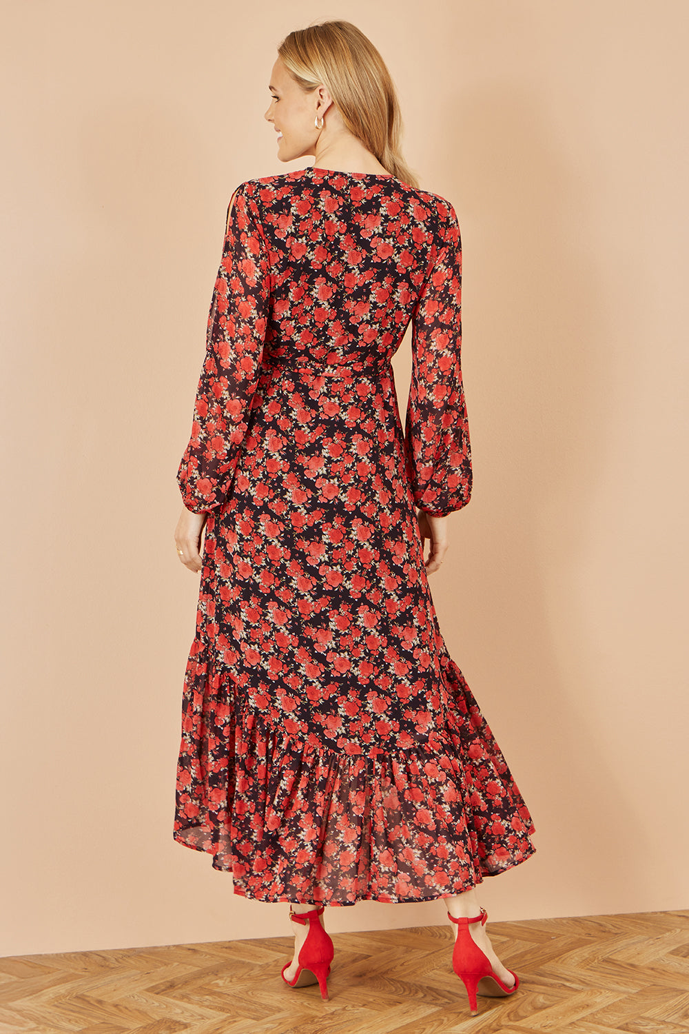 Red Rose Print Dipped Hemline Midi Dress With Open Long Sleeves