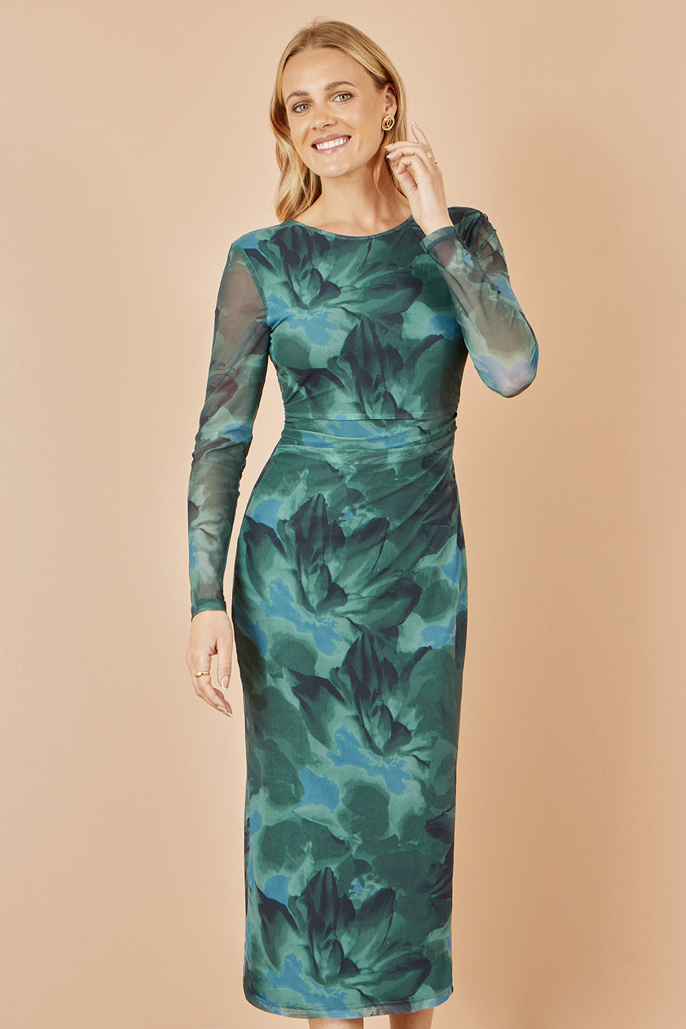 Green Floral Mesh Bodycon Dress With Tie Back
