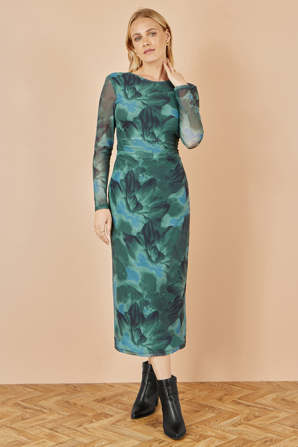 Green Floral Mesh Bodycon Dress With Tie Back