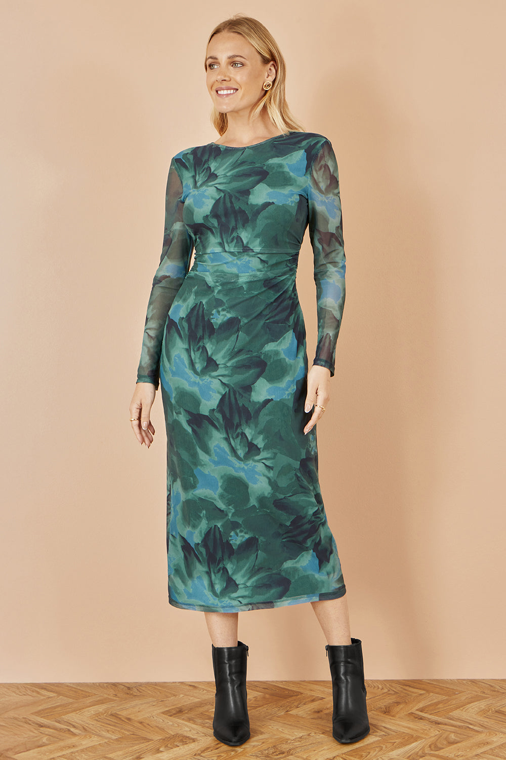 Green Floral Mesh Bodycon Dress With Tie Back