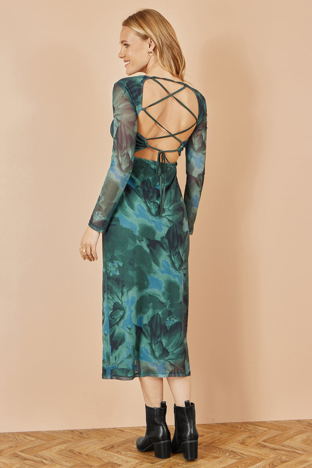 Green Floral Mesh Bodycon Dress With Tie Back