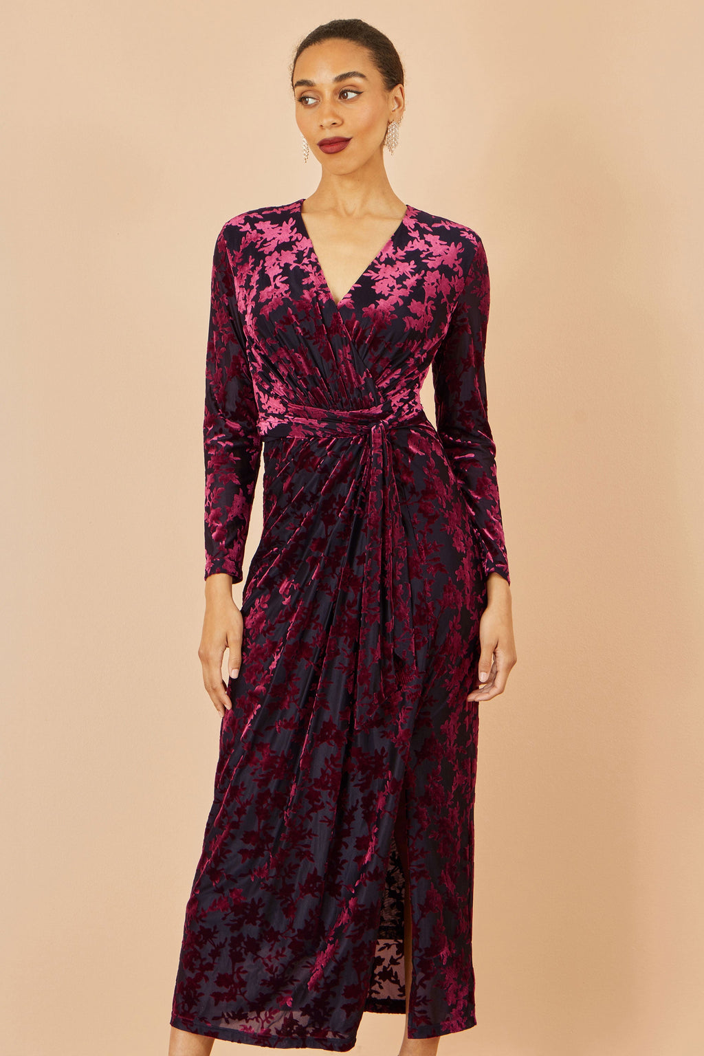 Burgundy and Black Velour Stretch Midi Dress -  Sizes 8 to 16