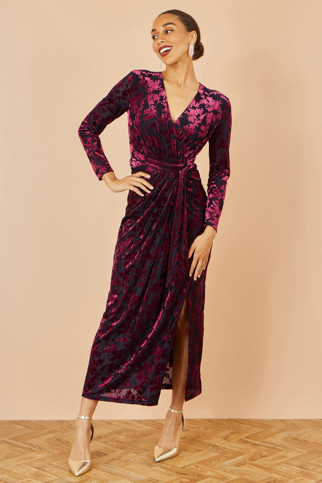 Burgundy and Black Velour Stretch Midi Dress -  Sizes 8 to 16