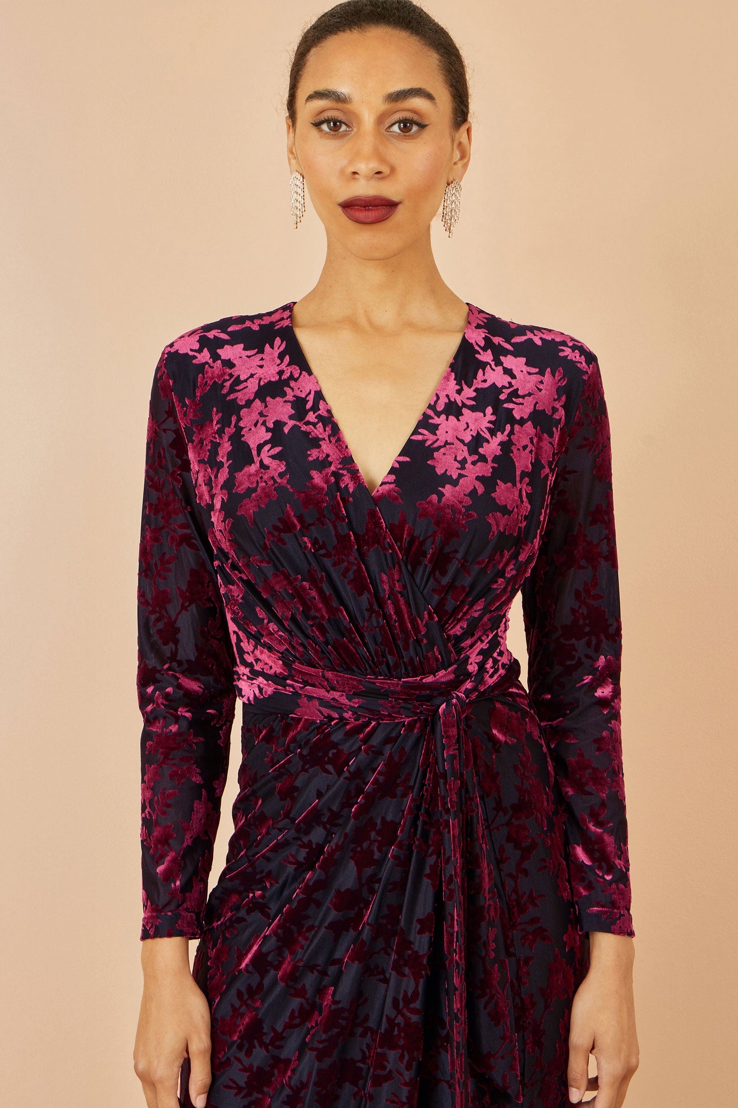 Burgundy and Black Velour Stretch Midi Dress -  Sizes 8 to 16