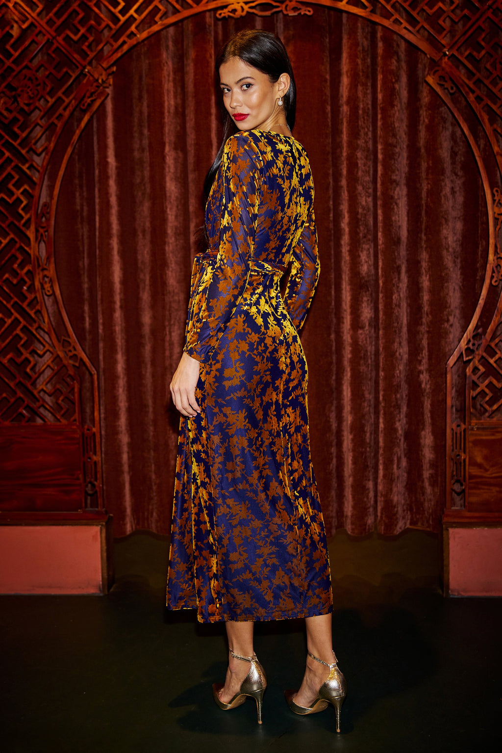 Navy and Gold Velour Stretch Midi Dress With Long Sleeves - Sizes 8 to 16