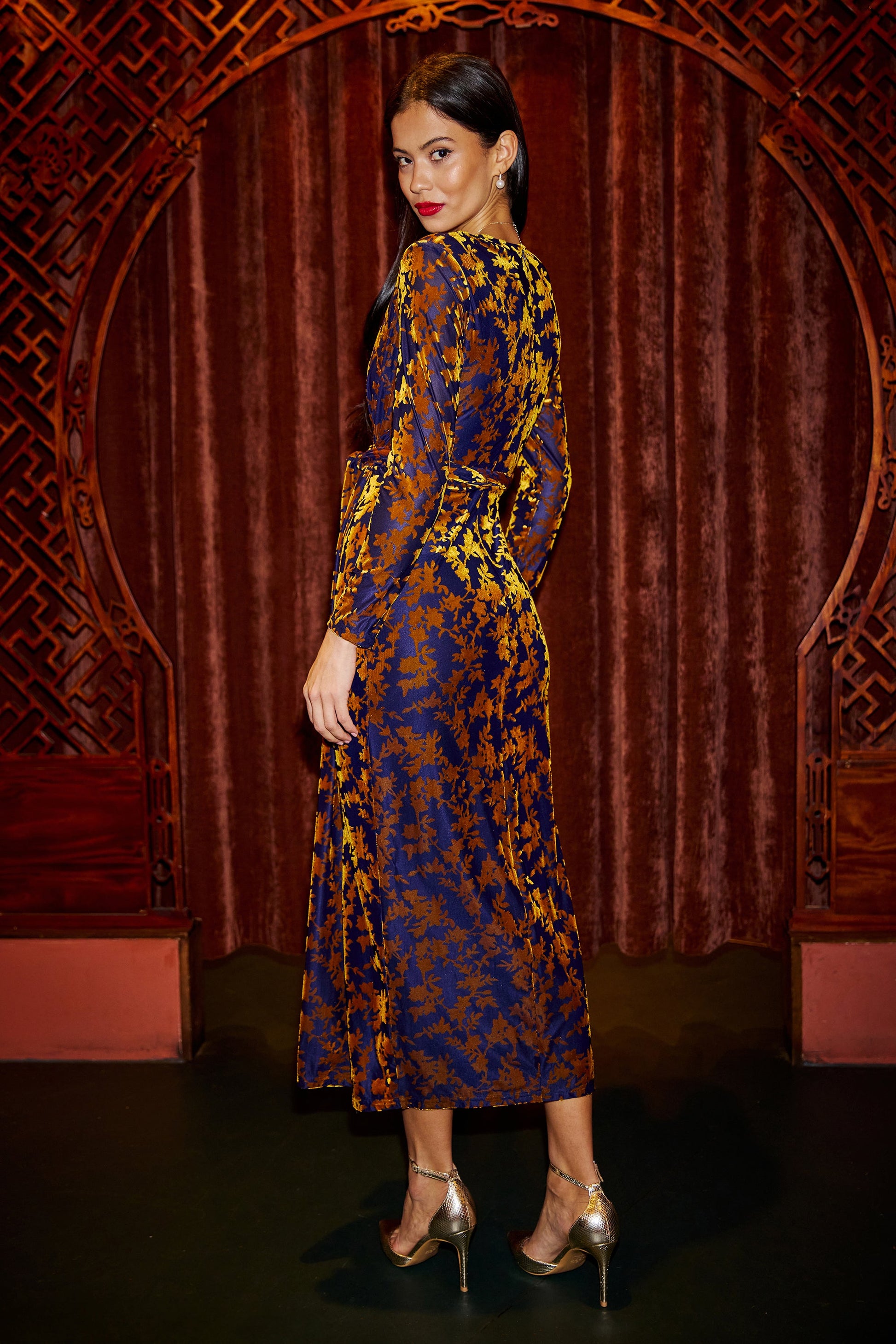 Navy and Gold Velour Stretch Midi Dress With Long Sleeves - Sizes 8 to 16