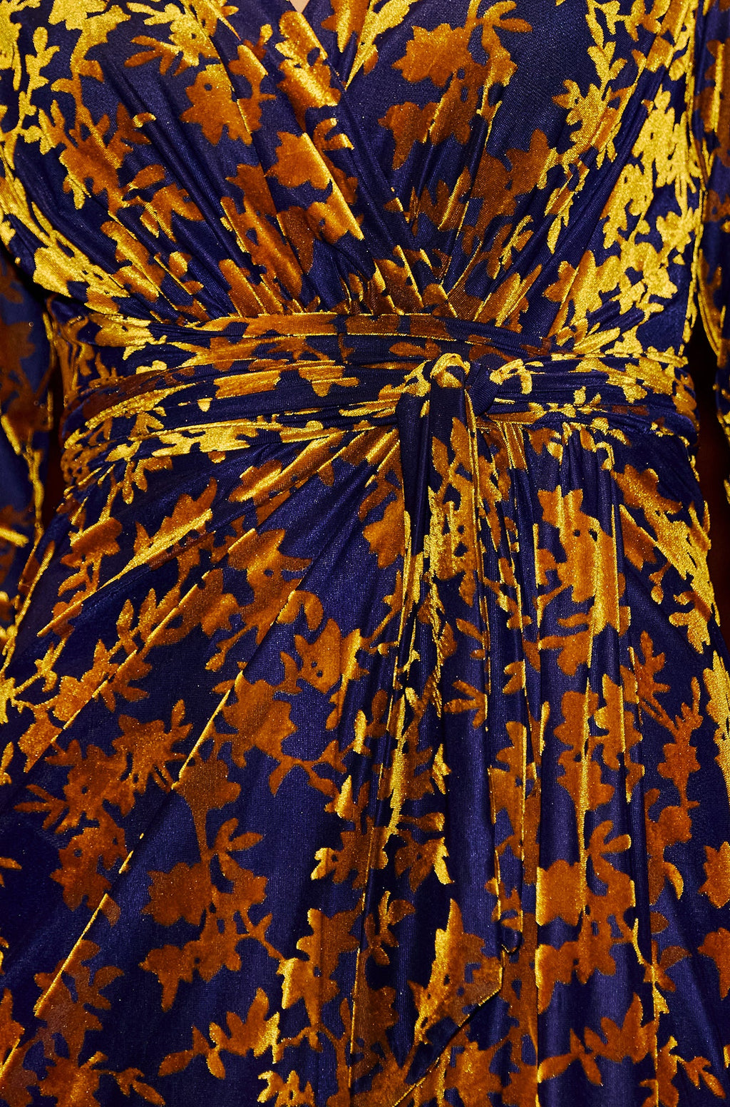 Navy and Gold Velour Stretch Midi Dress With Long Sleeves - Sizes 8 to 16