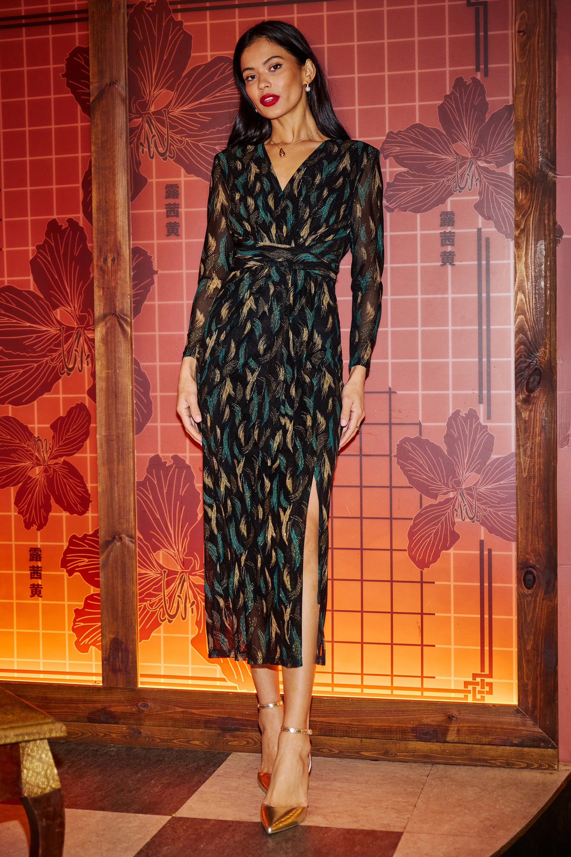 Black Metallic Sparkle Mesh Wrap Midi Dress - Sizes 8 to 16