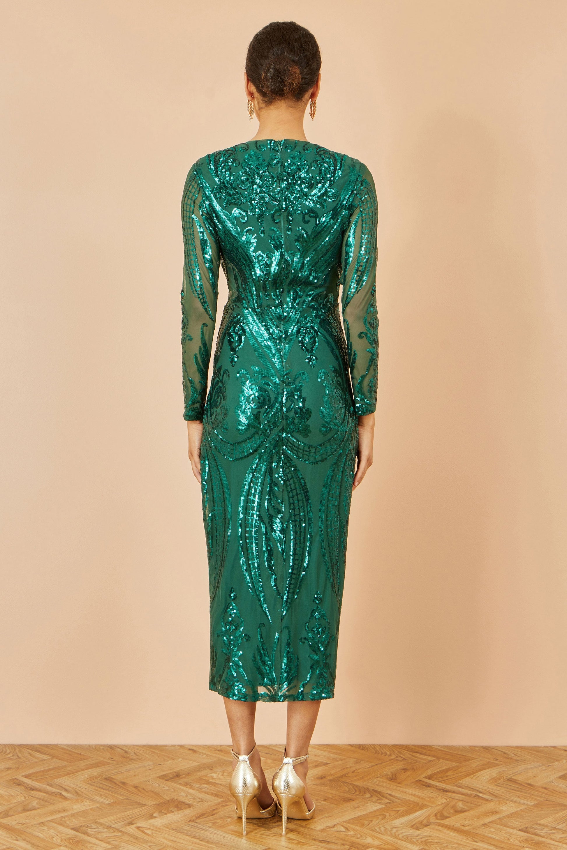 Green Sequin Midi Wrap Dress With Split Hemline - Sizes 8 to 16