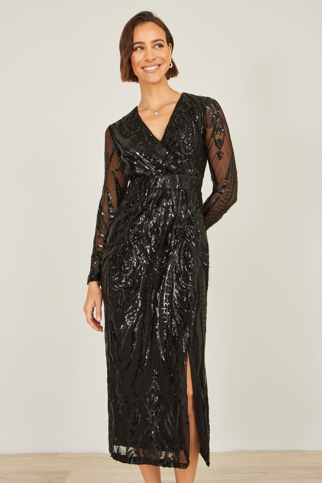 Black Swirl Sequin Midi Wrap Dress - Sizes 8 to 16