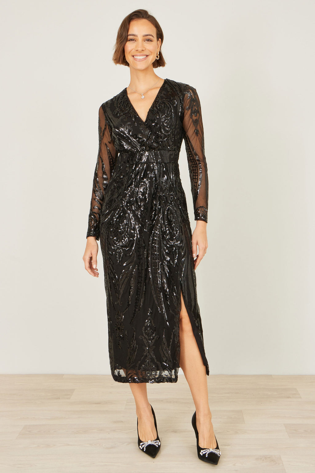 Black Swirl Sequin Midi Wrap Dress - Sizes 8 to 16