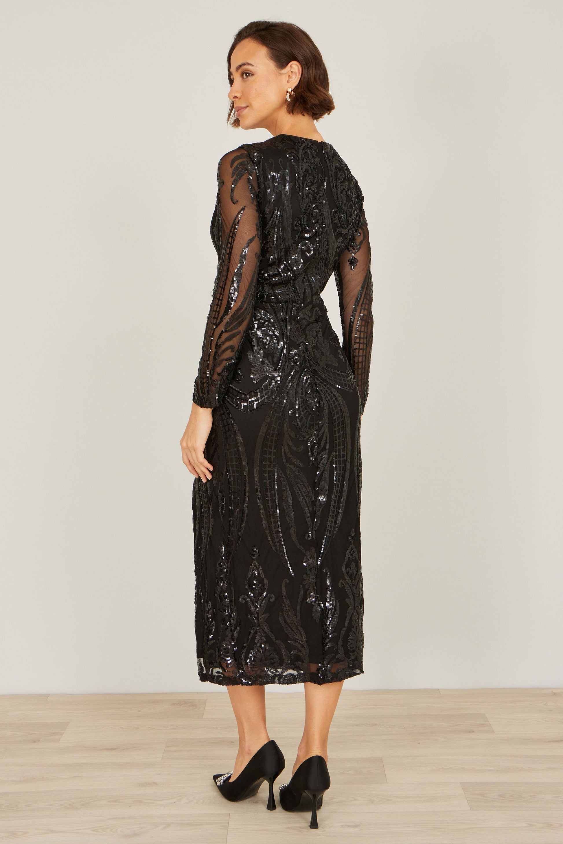 Black Swirl Sequin Midi Wrap Dress - Sizes 8 to 16