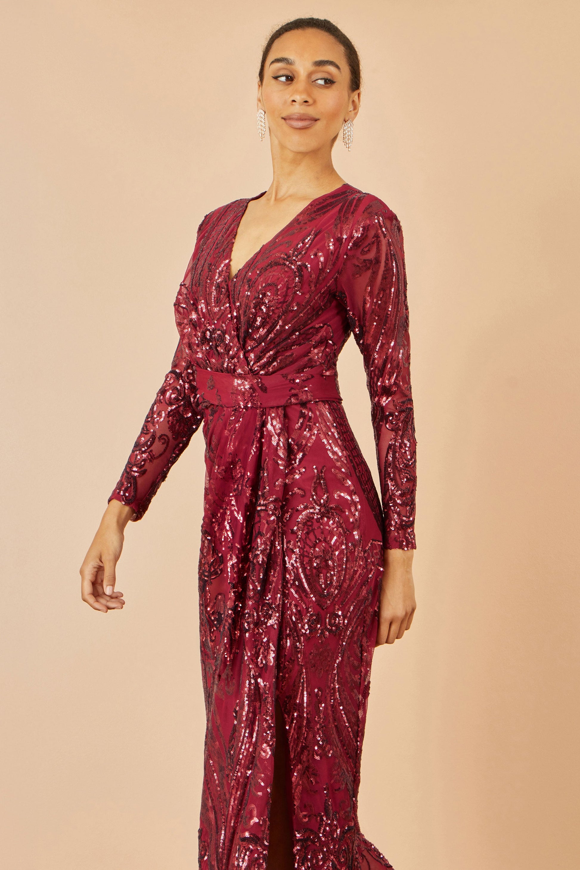 Red Sequin Midi Wrap Dress With Split - Sizes 8 to 16