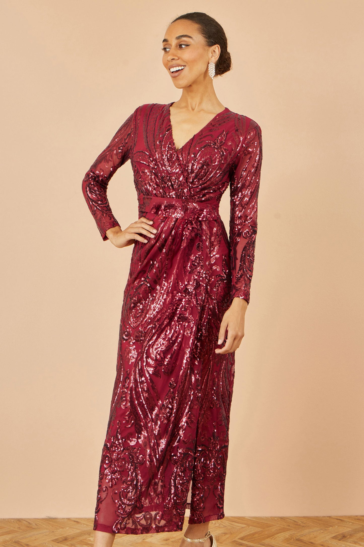 Red Sequin Midi Wrap Dress With Split - Sizes 8 to 16