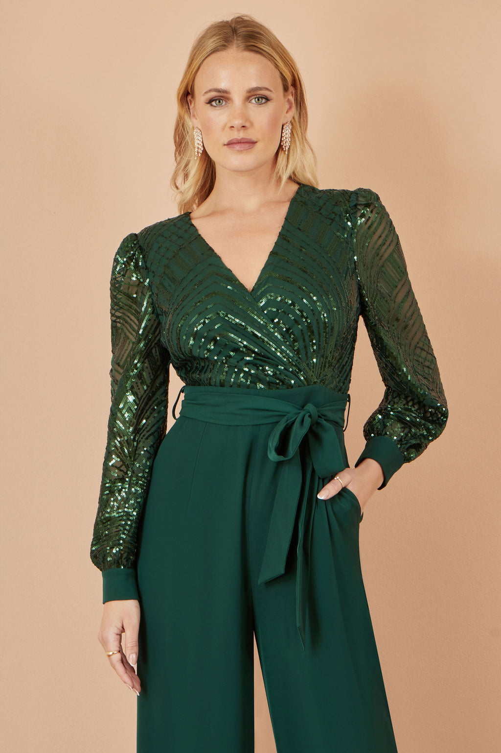 Green Sequin Wrap Over Jumpsuit - Sizes 8 to 16